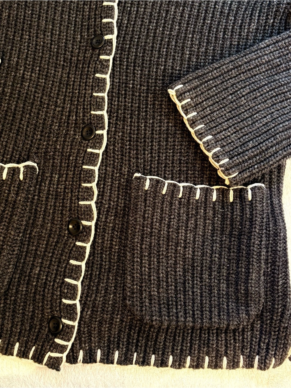 Alex Mill Marleybone Sweater Jacket Gray Waffle Knit Cardigan Cream Whipstitch - Picture 6 of 12